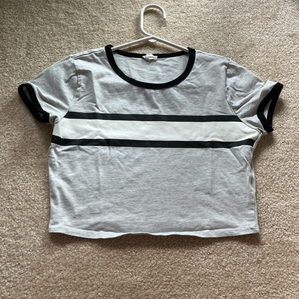Grey crop top with white and black stripe: